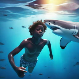 A dark-skinned teenage boy with psychic powers is swimming underwater alongside a great white shark