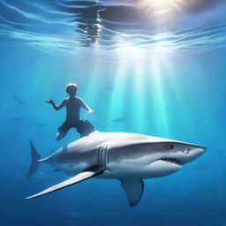 A teenage boy with psychic powers is underwater, controlling a great white shark