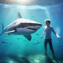 A teenage boy with psychic powers is underwater, controlling a great white shark