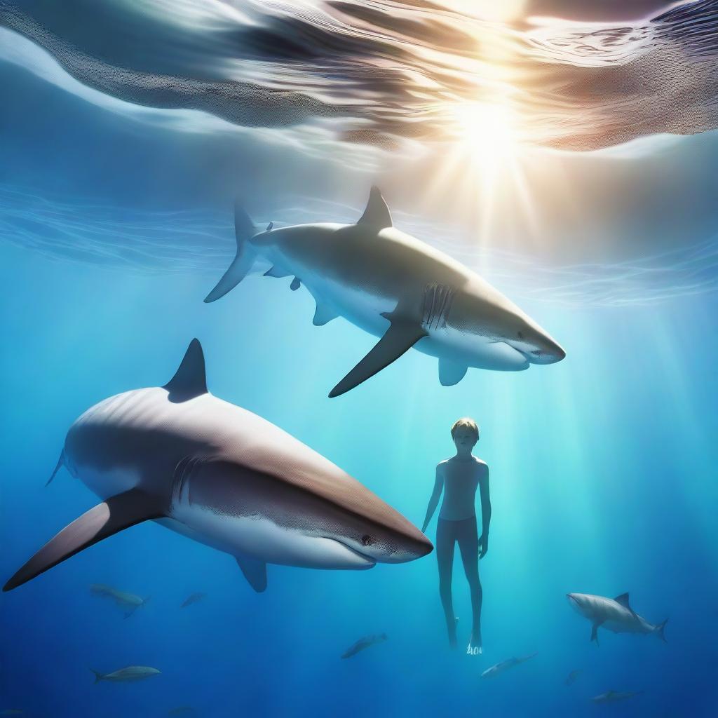 A teenage boy with psychic powers is underwater, controlling a great white shark