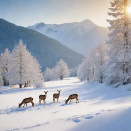 A vivid image of a serene alpine landscape, the brilliant sunshine casting warm hues over the vibrant, untouched snow, with a family of deer grazing peacefully in the foreground.