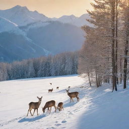 A vivid image of a serene alpine landscape, the brilliant sunshine casting warm hues over the vibrant, untouched snow, with a family of deer grazing peacefully in the foreground.