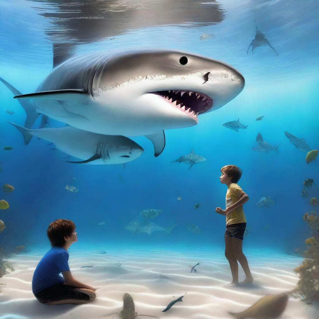 A teenage boy is swimming underwater while a tiger shark and a great white shark are engaged in a fierce battle nearby