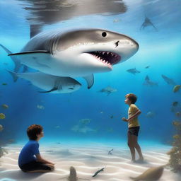 A teenage boy is swimming underwater while a tiger shark and a great white shark are engaged in a fierce battle nearby