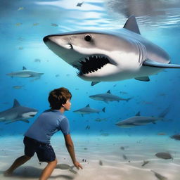 A teenage boy is swimming underwater while a tiger shark and a great white shark are engaged in a fierce battle nearby