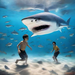 A teenage boy is swimming underwater while a tiger shark and a great white shark are engaged in a fierce battle nearby