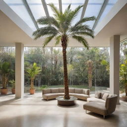 A modern first-floor seating area surrounded by three sides of floor-to-ceiling glass walls. A tall, sunlit palm tree grows through a cutout in the center of the floor.