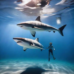 A teenage boy is swimming underwater alongside a great white shark