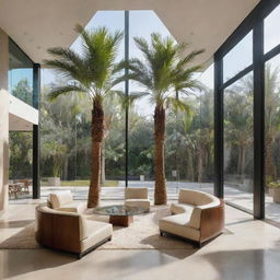 A modern first-floor seating area surrounded by three sides of floor-to-ceiling glass walls. A tall, sunlit palm tree grows through a cutout in the center of the floor.