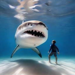 A teenage boy is swimming underwater alongside a great white shark