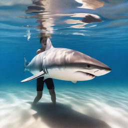 A teenage boy is swimming underwater alongside a great white shark