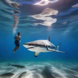 A teenage boy is swimming underwater alongside a great white shark