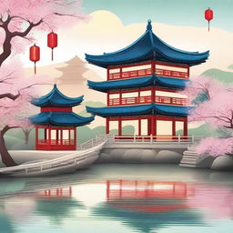 A detailed and vibrant illustration of traditional Chinese architecture, featuring pagodas, lanterns, and ornate designs