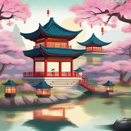 A detailed and vibrant illustration of traditional Chinese architecture, featuring pagodas, lanterns, and ornate designs