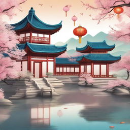 A detailed and vibrant illustration of traditional Chinese architecture, featuring pagodas, lanterns, and ornate designs