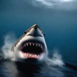 A great white shark is coming towards the screen, emerging from the depths of a dark ocean