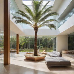 A modern first-floor seating area surrounded by three sides of floor-to-ceiling glass walls. A tall, sunlit palm tree grows through a cutout in the center of the floor.