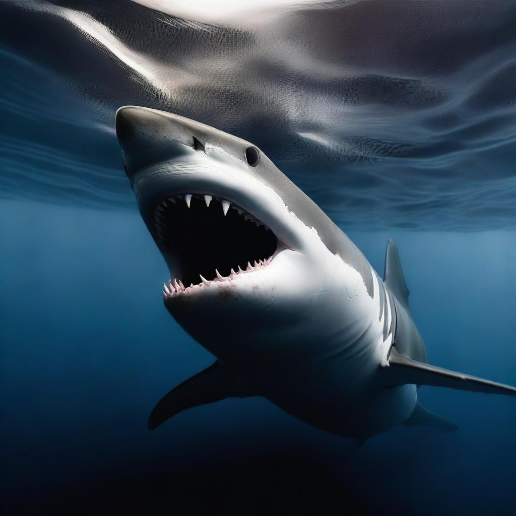 A great white shark is coming towards the screen, emerging from the depths of a dark ocean