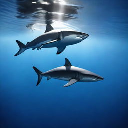 A great white shark and a teenage boy are swimming together in a dark blue ocean