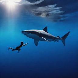 A great white shark and a teenage boy are swimming together in a dark blue ocean