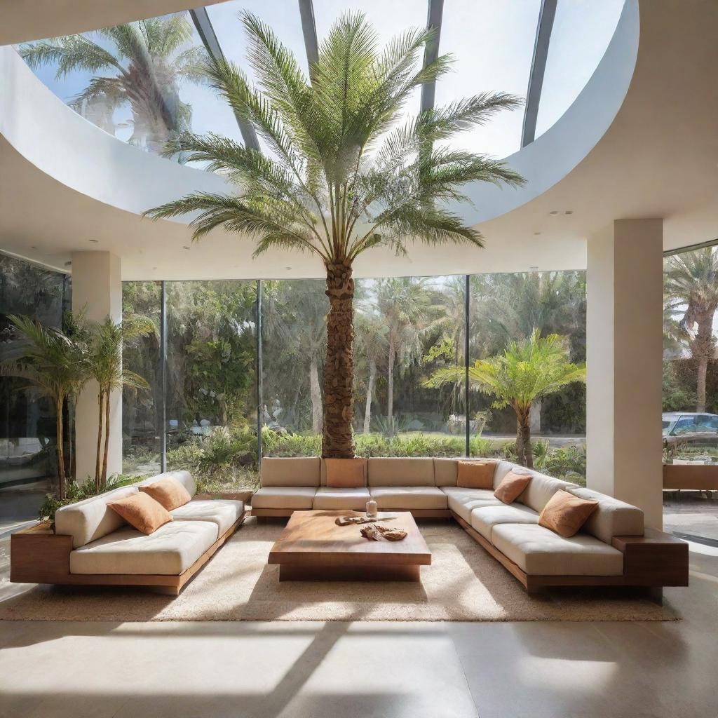 A modern first-floor seating area surrounded by three sides of floor-to-ceiling glass walls. A tall, sunlit palm tree grows through a cutout in the center of the floor.