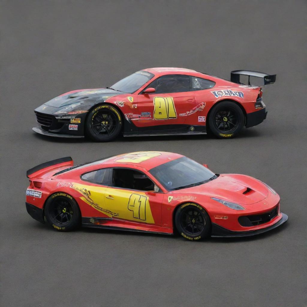 A Ferrari ingeniously recasted into a NASCAR variant, highlighted by striking colors, race-ready modifications, and abundant sponsor logos.