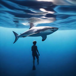 A great white shark and a teenage boy are swimming together in a dark blue ocean