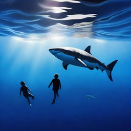 A great white shark and a teenage boy are swimming together in a dark blue ocean