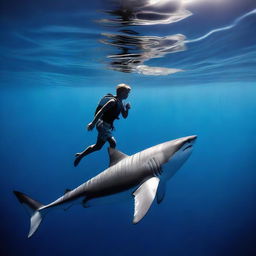 A great white shark and a teenage boy are swimming together in a dark blue ocean