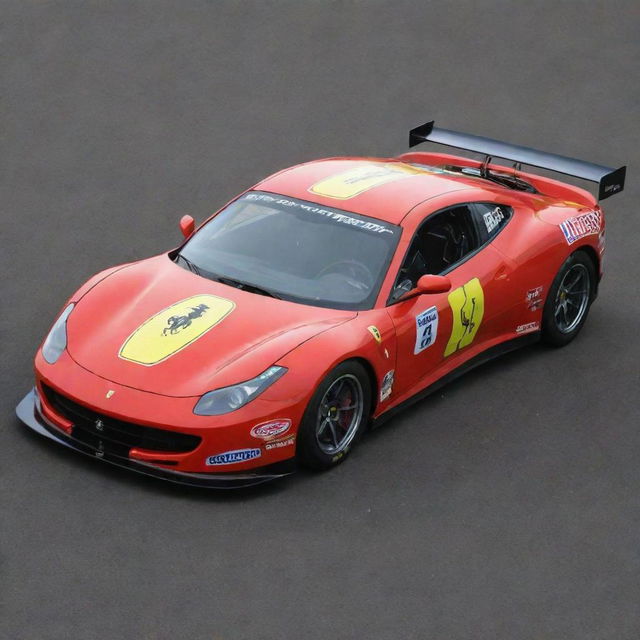 A Ferrari ingeniously recasted into a NASCAR variant, highlighted by striking colors, race-ready modifications, and abundant sponsor logos.