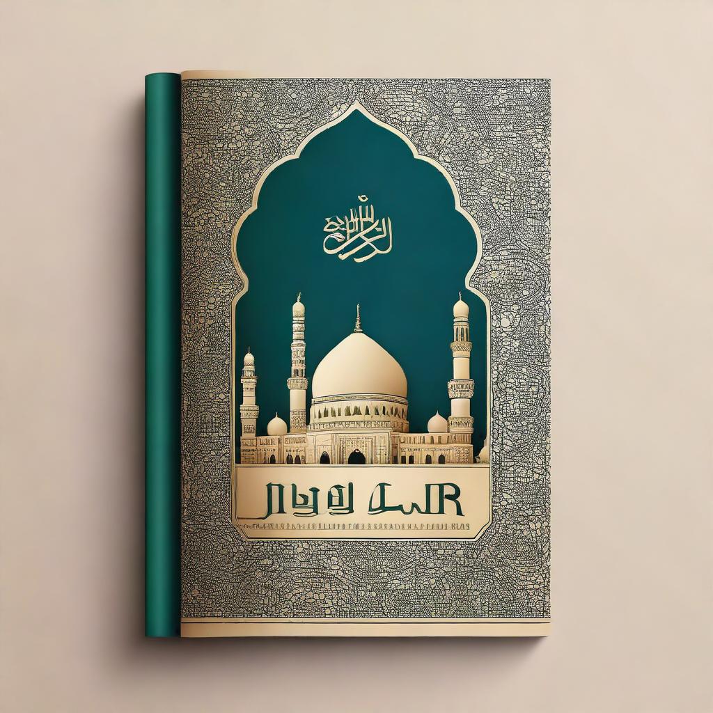 Create an elegant and culturally rich Islamic book cover with Al Azhar Mosque as the background