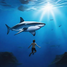 A great white shark and a teenage boy are swimming together in a dark blue ocean