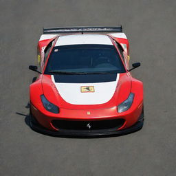 A Ferrari ingeniously recasted into a NASCAR variant, highlighted by striking colors, race-ready modifications, and abundant sponsor logos.