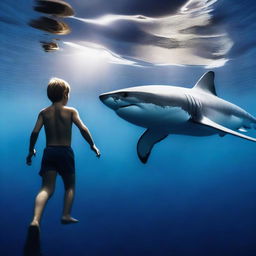 A great white shark and a teenage boy are swimming together in a dark blue ocean