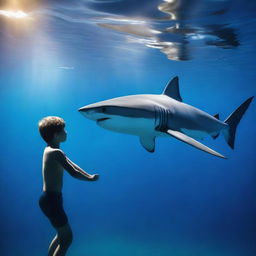 A great white shark and a teenage boy are swimming together in a dark blue ocean