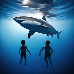 A great white shark and a teenage boy are swimming together in a dark blue ocean