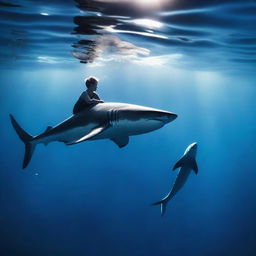 A great white shark and a teenage boy are swimming together in a dark blue ocean