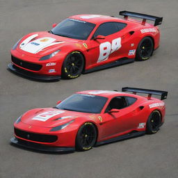 A Ferrari ingeniously recasted into a NASCAR variant, highlighted by striking colors, race-ready modifications, and abundant sponsor logos.