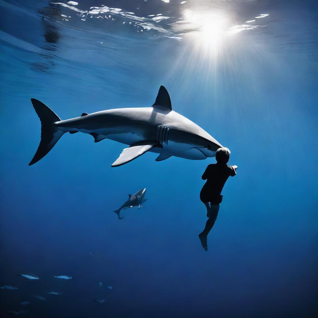 A great white shark swims through a dark blue ocean with a teenage boy riding on its back