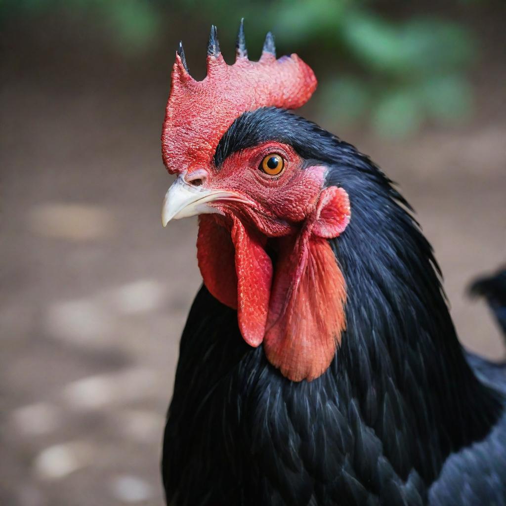 A formidable rooster showing power and intensity, its red eyes glowing in stark contrast to its dark feathers