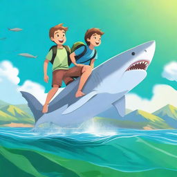 A great white shark with a teenage boy riding on its back on top of the water