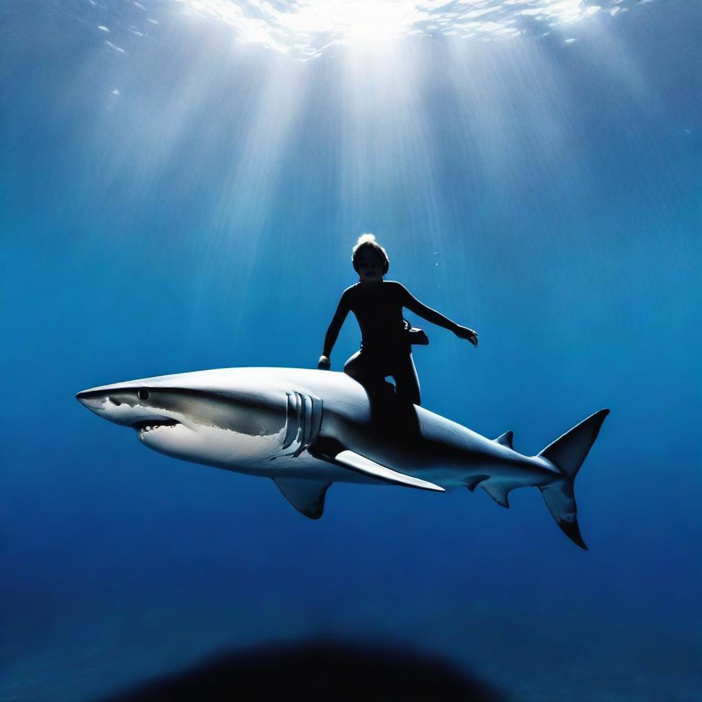 A great white shark, the size of Jaws, swims through a dark blue ocean with a teenage boy riding on its back