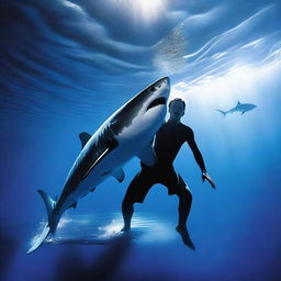 A great white shark, the size of Jaws, swims through a dark blue ocean with a teenage boy riding on its back