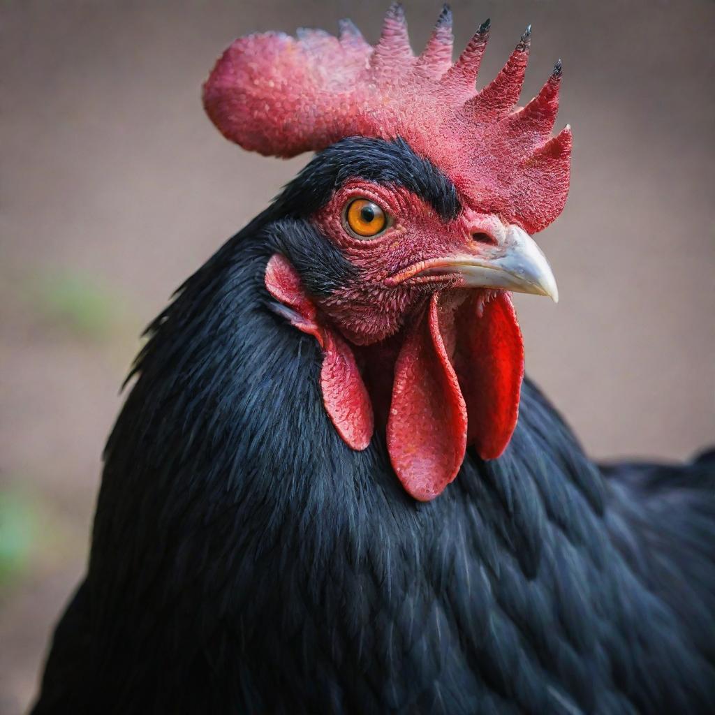 A formidable rooster showing power and intensity, its red eyes glowing in stark contrast to its dark feathers