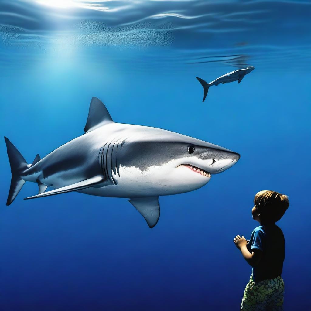 A great white shark swimming in a dark blue ocean with a teenage boy nearby