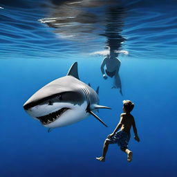 A great white shark swimming in a dark blue ocean with a teenage boy nearby