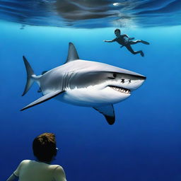 A great white shark swimming in a dark blue ocean with a teenage boy nearby