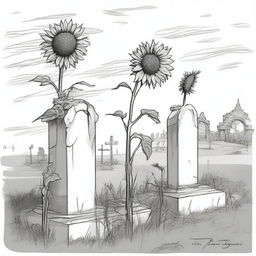 A black and white sketch of sunflowers growing in an old cemetery