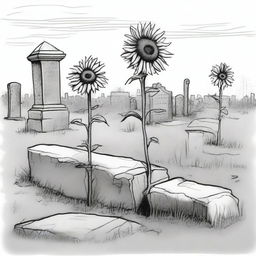 A black and white sketch of sunflowers growing in an old cemetery