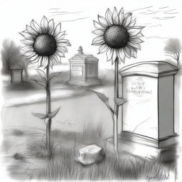 A black and white sketch of sunflowers growing in an old cemetery